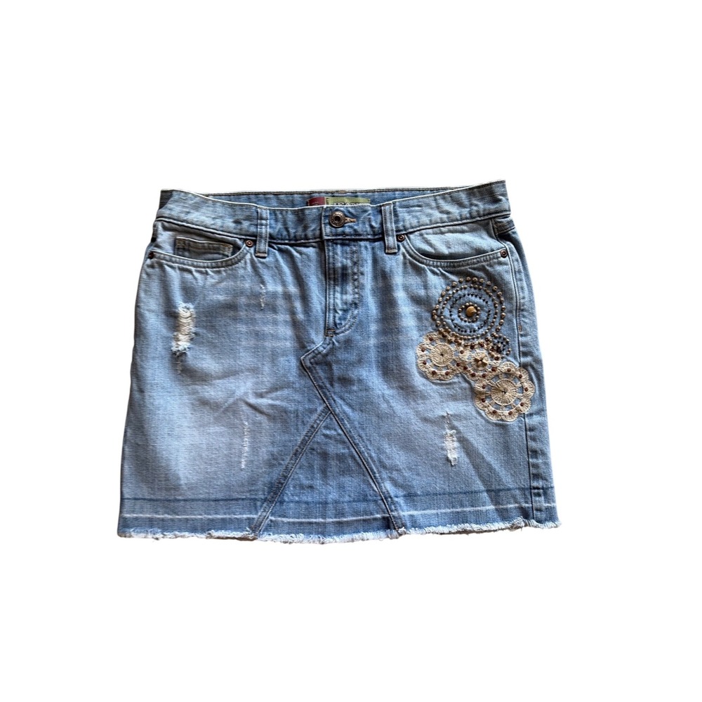 Vintage Old Navy Denim Mini Skirt Light Wash Crochet Beaded Distressed Y2K Sz m